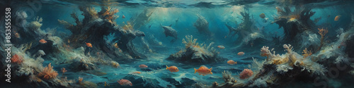 Depths of the ocean are explored through surreal, thickly painted oil canvases, revealing a mysterious underwater world teeming with surreal beauty, Generative AI