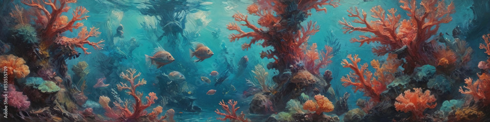 Ethereal creatures and vibrant corals come to life in bold, textured oil strokes, creating a surreal underwater realm filled with mystery and wonder, Generative AI Ethereal creatures and vibrant corals come to life in bold, textured oil strokes, creating a surreal underwater realm filled with mystery and wonder, Generative AI