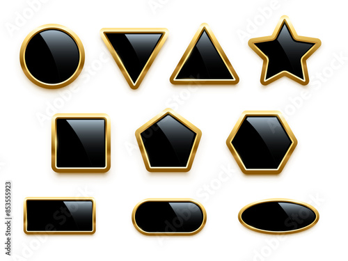 Black button of different geometric shapes with golden frames and shine light effect vector illustration set. Metal label of oval square circle triangle star hexagon pentagon rectangle on white