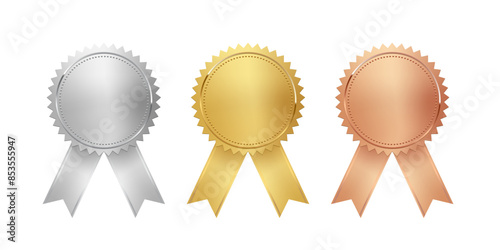 Medals for first, second, third place with ribbons. Gold, silver and bronze ranks on white background. Award nomination. Championship in sport or movie vector illustration