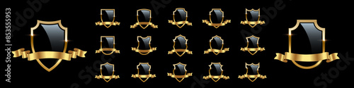 Black shields with golden frame and ribbons vector set for emblem, badge, label. Royal medieval military armor collection isolated on black background. War trophy, heraldic symbol