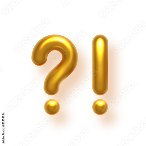 Gold exclamation and question marks set. Golden alert and ask icons in balloon metal font. Caution, FAQ, danger symbols. Important information notice. 3d realistic vector illustration
