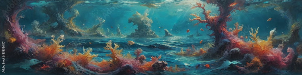 Fototapeta premium A surreal underwater symphony unfolds through thick oil layers, depicting a mesmerizing aquatic world filled with vibrant colors and ethereal beauty, Generative AI