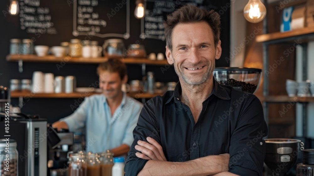 The cafe owner smiling The cafe owner smiling