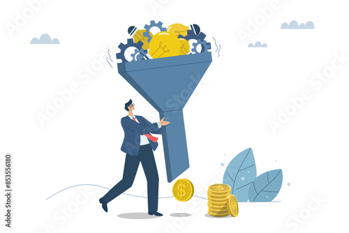 Collecting and filtering business ideas to make money, Ideas for using creativity to develop organizations, Businessman using the filter of lightbulb ideas to make money. Vector design illustration.