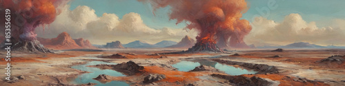 Surrealist interpretations of a barren world are captured in thick oil layers, portraying raw wastelands and unpredictable atmospheric phenomena, Generative AI