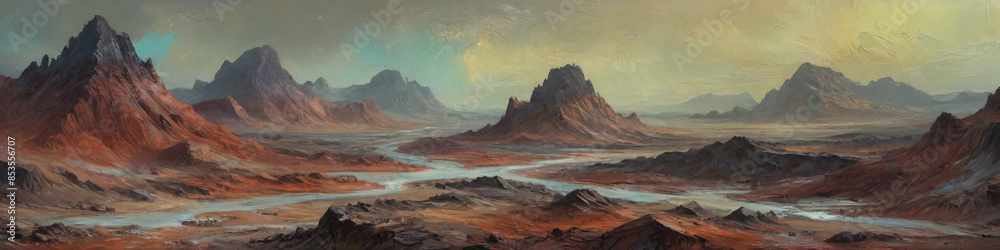 Fototapeta premium The raw beauty of desolate terrains on an alien planet is captured with textured oil layers, showcasing atmospheric variability and the surrealism of raw wastelands, Generative AI