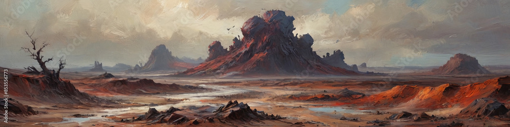 Naklejka premium Harsh environments of a barren planet are vividly portrayed through bold, thick oil strokes, capturing raw wastelands amidst extreme atmospheric contrasts, Generative AI