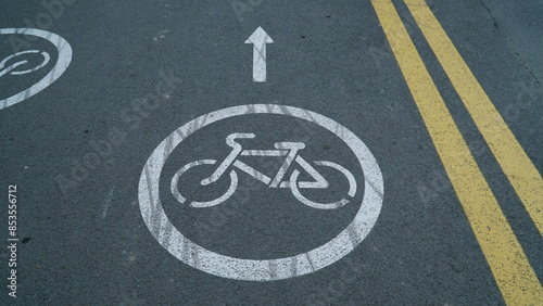 Bicycle sign on the road. Bike lane in the park.