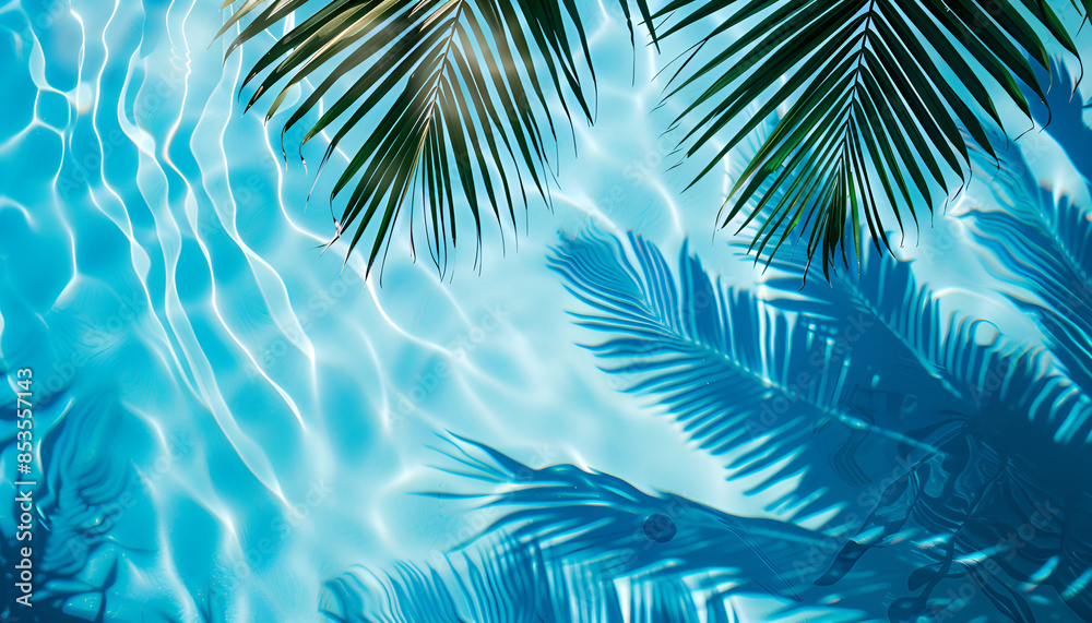 ropical Leaf Shadow on Water. Transparent Overlay of Palm Leaf Silhouette with Ripples on Blue Water Surface ropical Leaf Shadow on Water. Transparent Overlay of Palm Leaf Silhouette with Ripples on Blue Water Surface