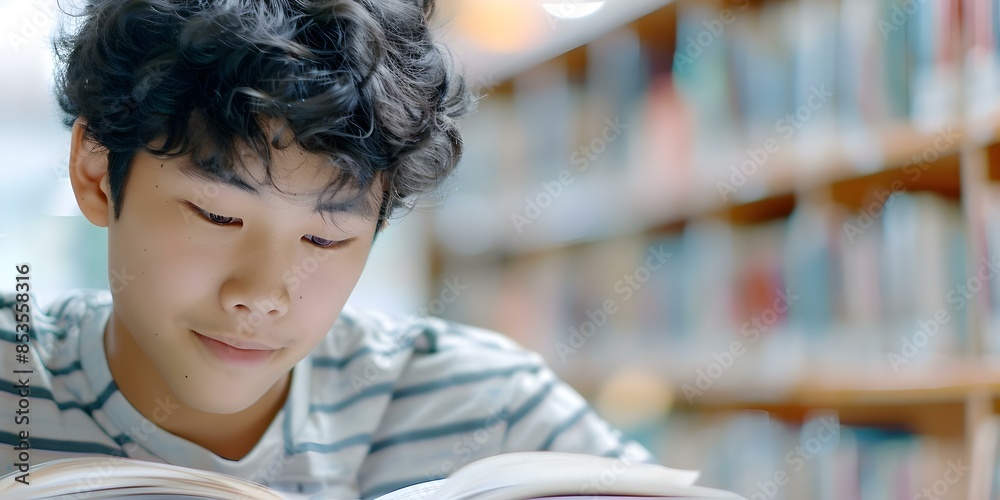 Naklejka premium East Asian student immersed in books at the library. Concept Academic Success, Cultural Diversity, Library Resources, Studying Abroad, Educational Environment