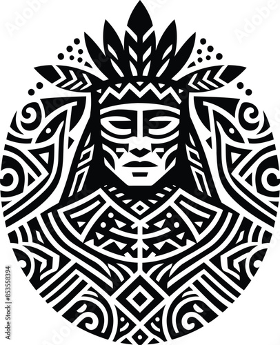  native america apache silhouete with Polynesian ethnic pattern illustration