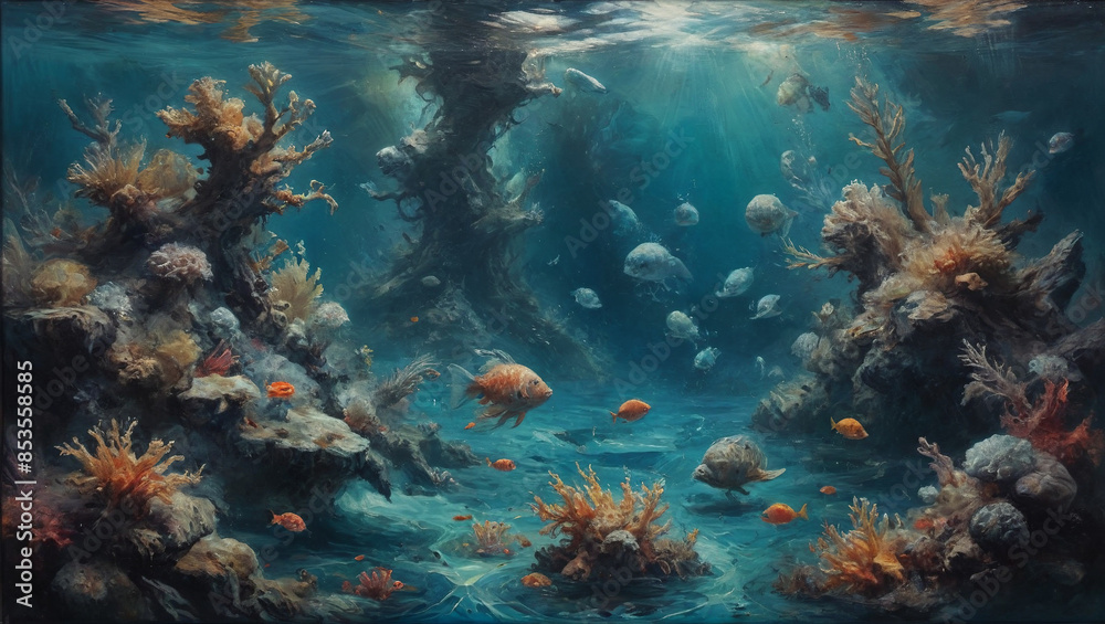 Enigmatic underwater scenes come alive with bold, textured oil strokes, capturing the essence of a surreal marine world beyond ordinary perception, Generative AI Enigmatic underwater scenes come alive with bold, textured oil strokes, capturing the essence of a surreal marine world beyond ordinary perception, Generative AI