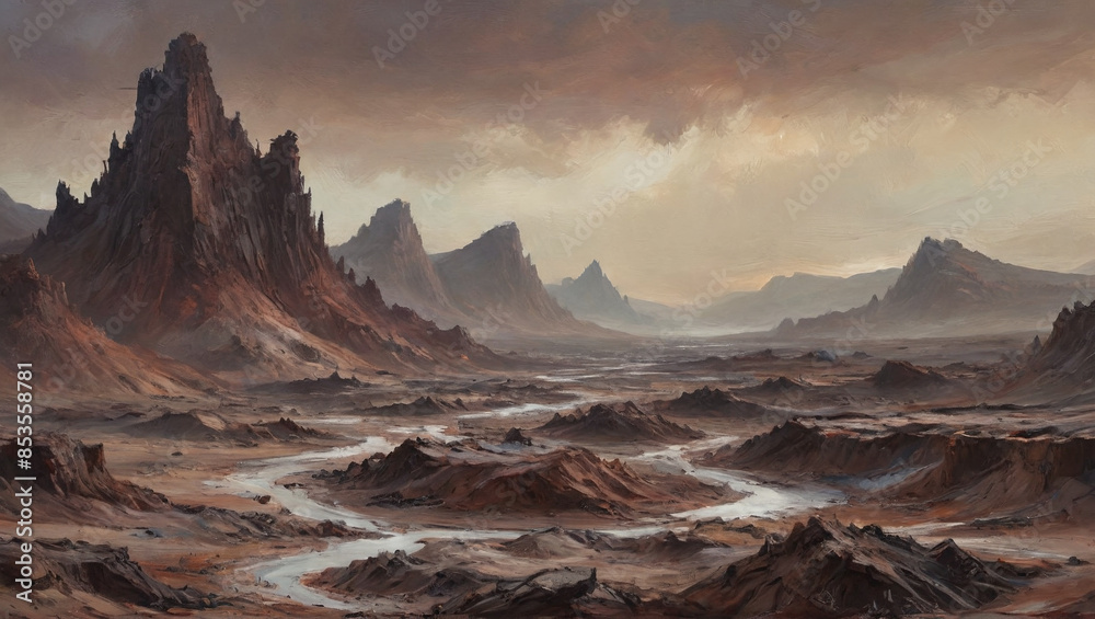 Obraz premium A haunting portrayal of barren landscapes on a forsaken planet is rendered in thick oil canvases, depicting raw wastelands and tumultuous atmospheric turmoil, Generative AI