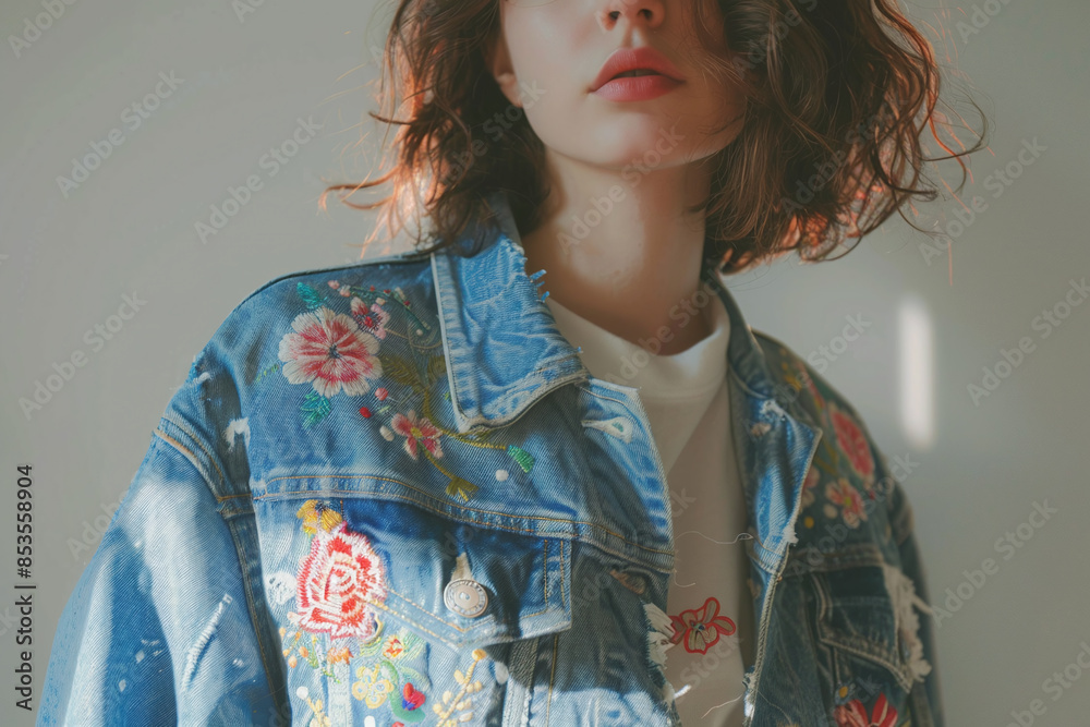 Hand embroidered jeans denim jacket on a woman. Hand crafted decorated denim jacket with sequins and beads. Hand embroidered jeans denim jacket on a woman. Hand crafted decorated denim jacket with sequins and beads.