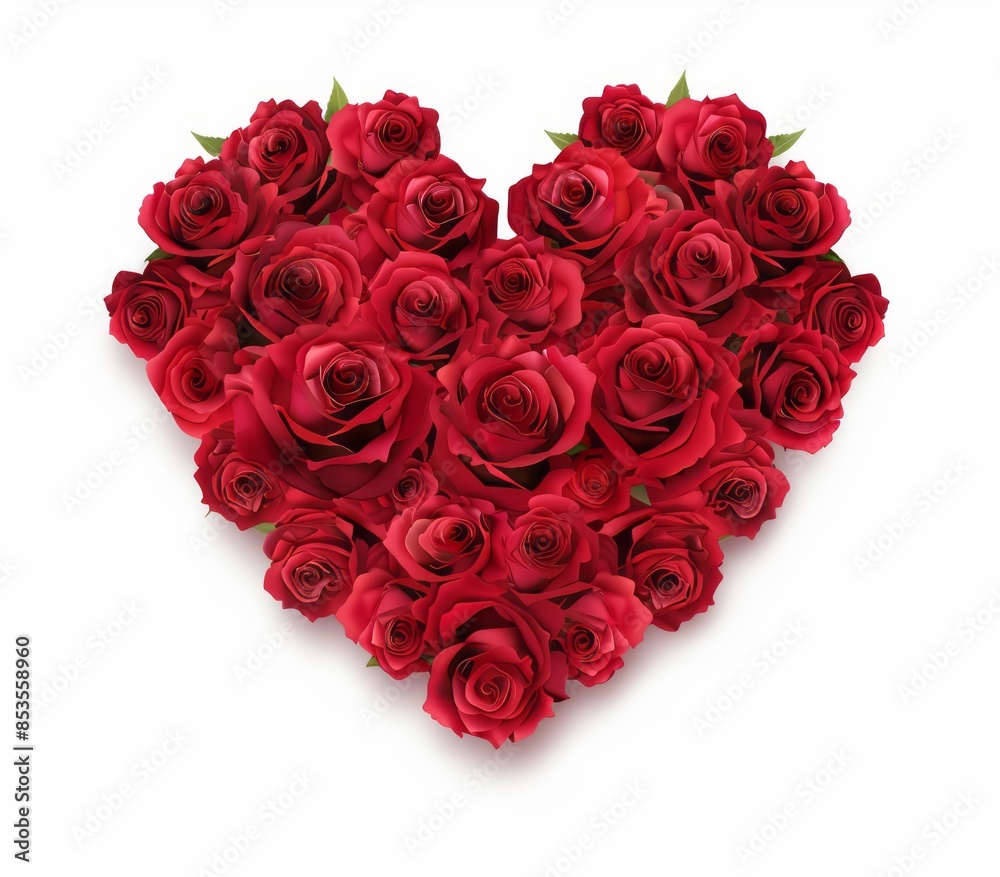 Heart made of red roses on a white background, without shadows, in the clipart style