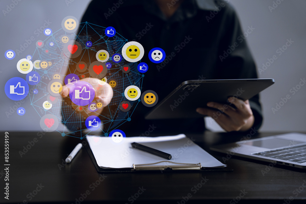 Fototapeta premium Social media digital in virtual icon globe shape business open his hand, working touch screen tablet.