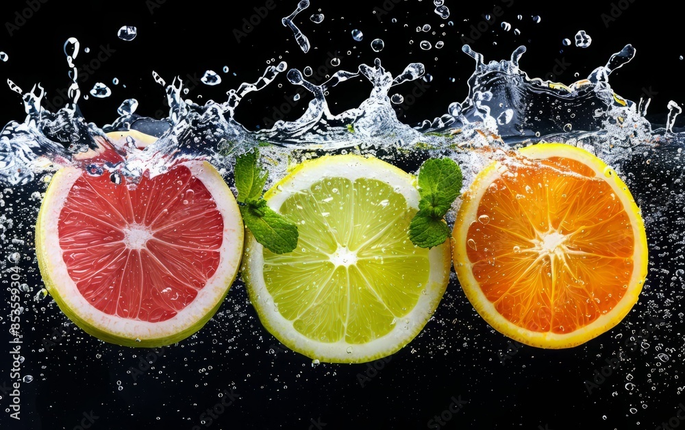 Citrus Fruits Splashing in Water Citrus Fruits Splashing in Water