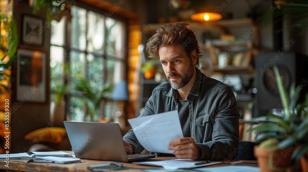 A young business man working at modern home with laptop and papers on desk A young business man working at modern home with laptop and papers on desk