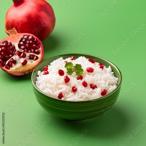 Healthy pomegranate rice on green background photo