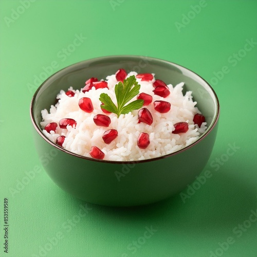 Healthy pomegranate rice on green background photo