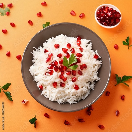 Healthy pomegranate rice on orange background photo