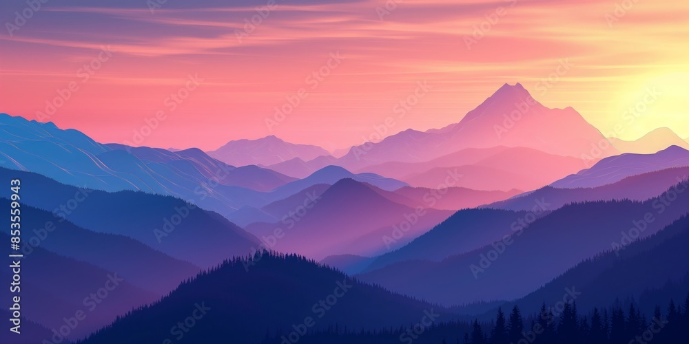 Vivid mountain landscape digital artwork against a backdrop of orange and purple hues, capturing the beauty of a natural environment at dusk Vivid mountain landscape digital artwork against a backdrop of orange and purple hues, capturing the beauty of a natural environment at dusk