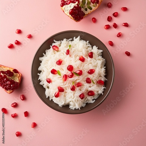 Healthy pomegranate rice on pink background photo