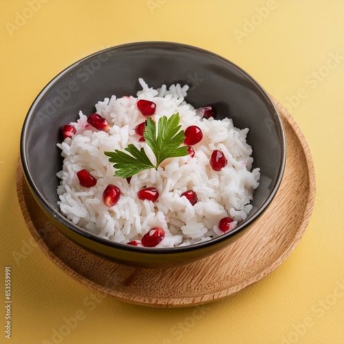 Healthy pomegranate rice on yellow background photo