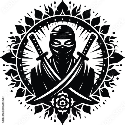 ninja in silhouete with bohemian nature pattern illustration