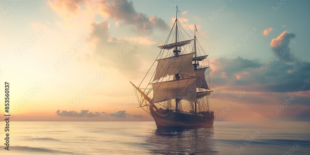Old-world charm emanates from a digital painting of an antique tall ship at sunset, with soft pastel colors enhancing its serene beauty Old-world charm emanates from a digital painting of an antique tall ship at sunset, with soft pastel colors enhancing its serene beauty