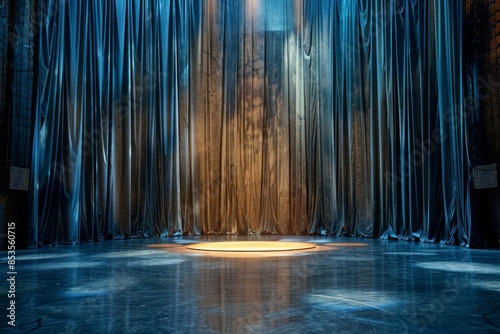 A dramatic empty stage with large, heavy curtains and a single spotlight creating a circular pool of light on the floor