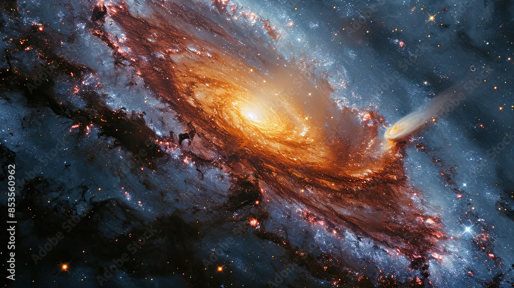 Naklejka premium Black Hole With Colorful Galaxies Spinning Around It Quasars Are Shooting Out From the Black Hole on Both Sides Landscape Background