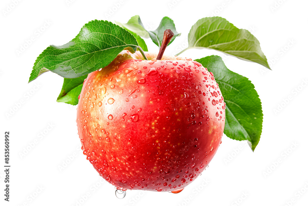 Obraz premium A fresh red apple with dew drops and leaves isolated on white background