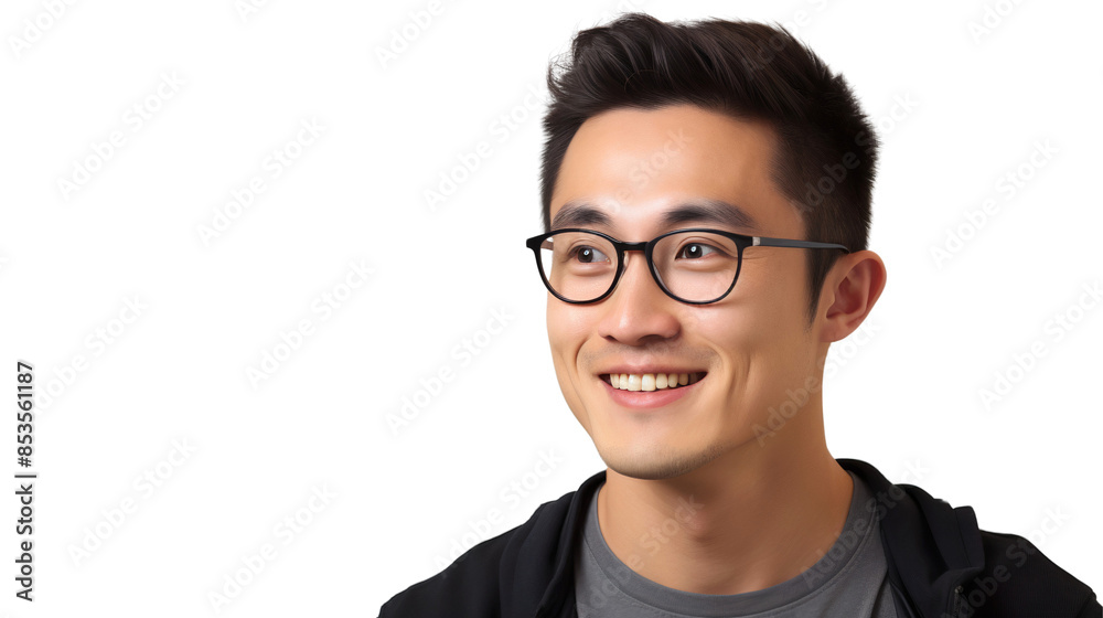 Portrait of a smiling Asian man wearing eyeglasses, Happy confident guy isolated on transparent background