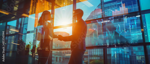 Successful deal celebration, business partners shaking hands, glasswalled office, midangle, financial charts on screen, sunlight streaming, confident expressions, positive vibe photo