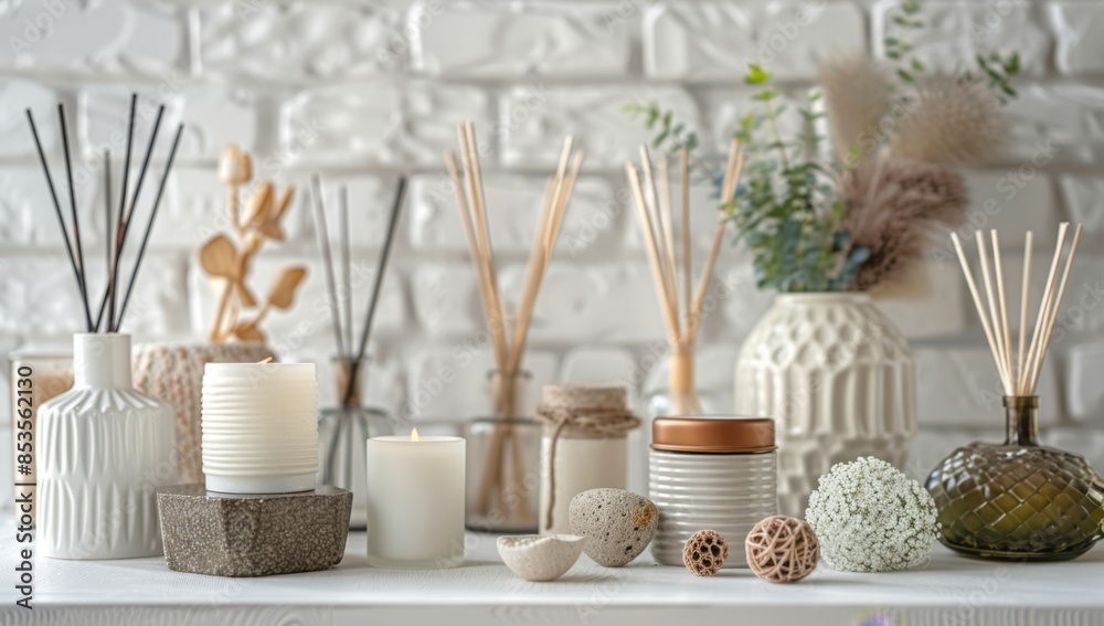 home decor items including scented candles and reed sticks displayed on the counter home decor items including scented candles and reed sticks displayed on the counter