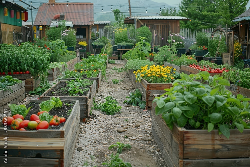 A community garden where residents are working together to grow fruits and vegetables. A community garden where residents are working together to grow fruits and vegetables.