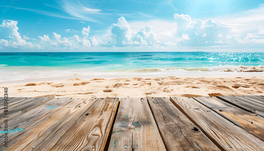 Fototapeta premium Empty Wooden Platform on Sunny Tropical Beach. Summer Product Showcase Background for Branding and Marketing