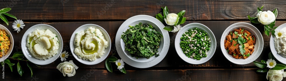 Delicious Food with Flowers on a Wooden Table. Delicious Food with Flowers on a Wooden Table.