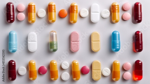 Photograph of assorted medicinal capsules arranged in a visually appealing pattern on a clean surface, perfect for health ads