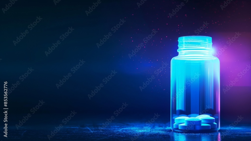 High resolution photograph of a glowing pill bottle, set against a dark background for a dramatic and modern look High resolution photograph of a glowing pill bottle, set against a dark background for a dramatic and modern look
