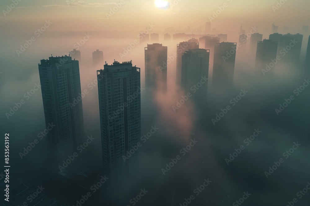 fog city buildings residential morning at dawn
