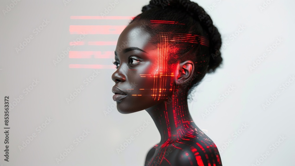 Black woman cyber security expert. With AI code illusminated overlay around her. Working in a data center. Female Computer Engineer. Generate AI. Black woman cyber security expert. With AI code illusminated overlay around her. Working in a data center. Female Computer Engineer. Generate AI.