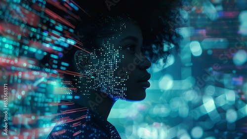 Black woman cyber security expert. With AI code illusminated overlay around her. Working in a data center. Female Computer Engineer. Generate AI.