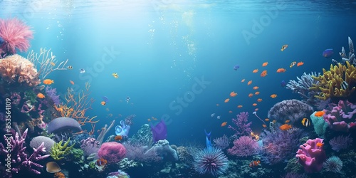 Vibrant underwater scene showing various corals and fish with sun rays filtering through the ocean surface