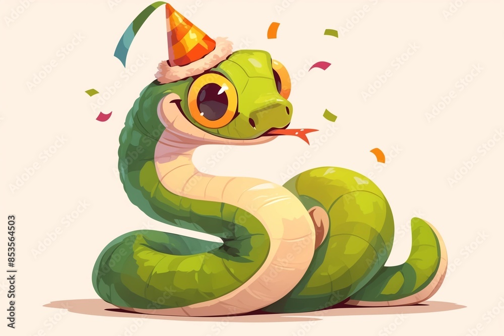 Naklejka premium Cartoon Green snake in a New Year's cap. New Year 2025. Cute, funny snake. Symbol of the year eastern calendar