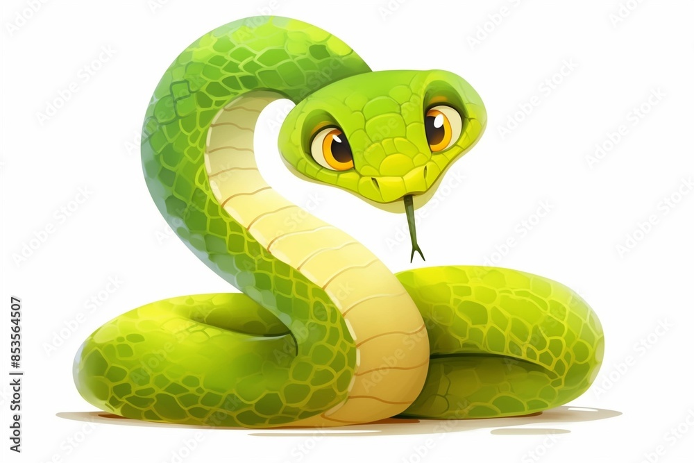 Fototapeta premium Cartoon green snake isolated on background. New Year 2025. Cute, funny snake. Symbol of the year eastern calendar