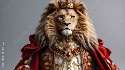 The elegant royal lion wearing a lavish outfit. Close-up of a kingly lion isolated on a white background, holding a crown and throne. AI generative. photo