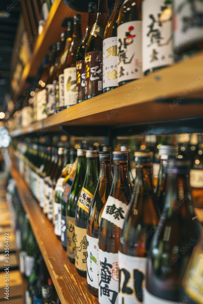 居酒屋や酒蔵の棚に並ぶ日本酒の瓶のイメージ素材 居酒屋や酒蔵の棚に並ぶ日本酒の瓶のイメージ素材